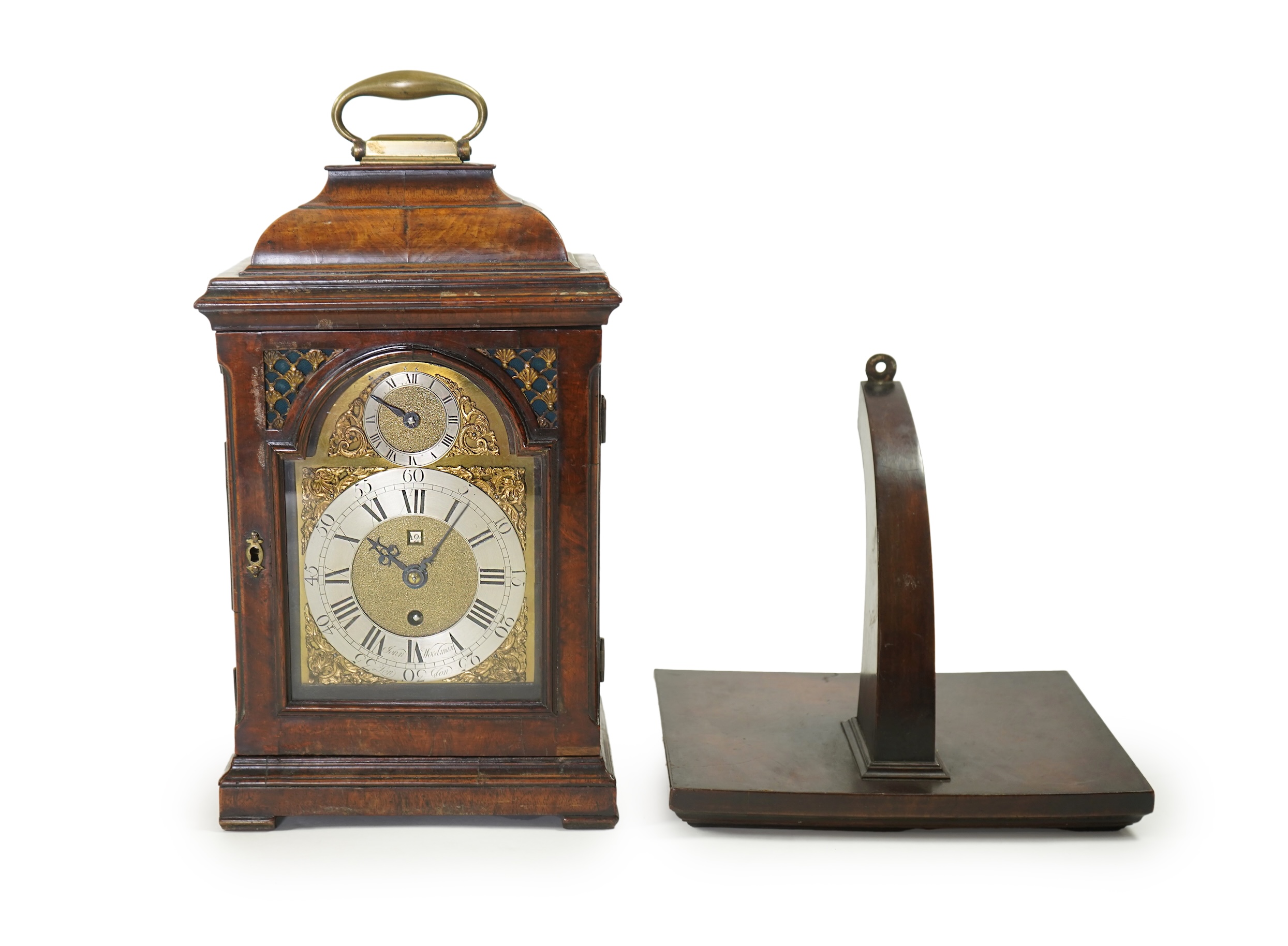 A George II walnut and brass mounted bracket clock, signed John Woodman